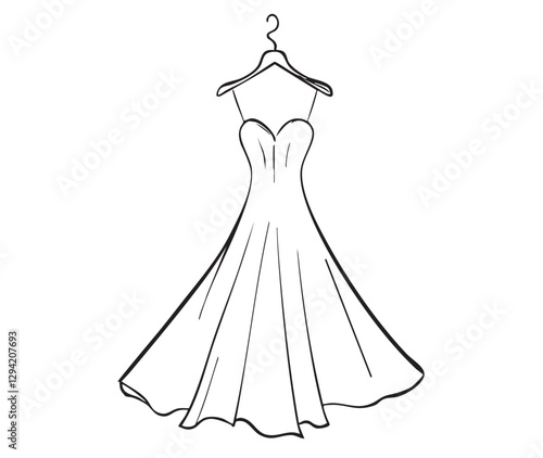 Outline summer wedding women's dresses hanging on hangers isolated on a white background. Women's clothing store