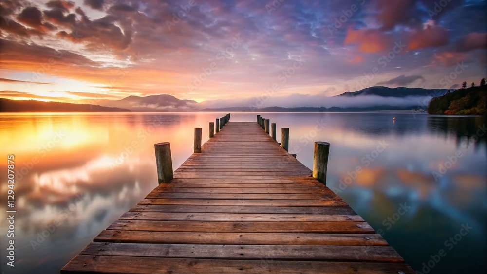Obraz premium Misty Morning at Lake Taupo: Wooden Pier on Calm Water