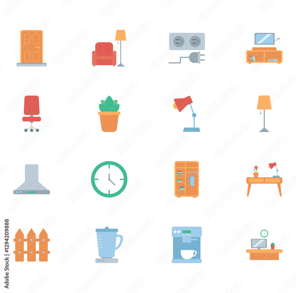 Vector icon set of household utensils on white background
