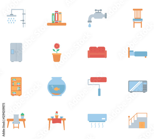 Vector icon set of household utensils on white background