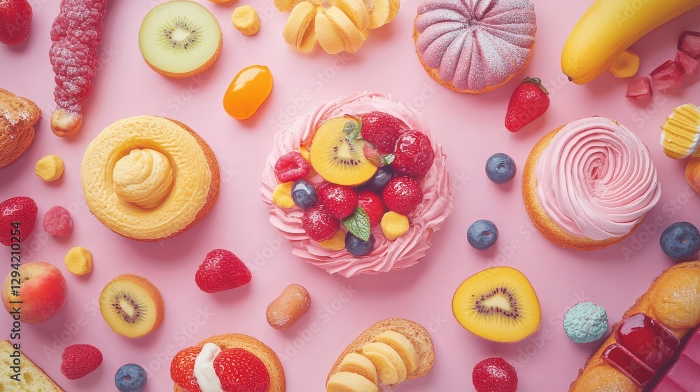 Flat lay of colorful baked goods with fruits Flat lay of colorful baked goods with fruits