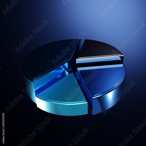 Pie Chart Analysis: A striking 3D pie chart, rendered in sleek blue and metallic tones, sits against a dark backdrop, the segments of the chart are divided, symbolizing diverse data. 