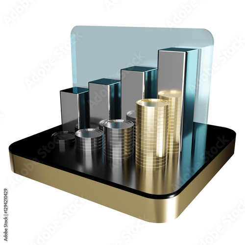 Financial Growth Concept: A compelling 3D rendering that portrays financial growth, featuring stacks of coins and rising bar graphs on a minimalist platform.