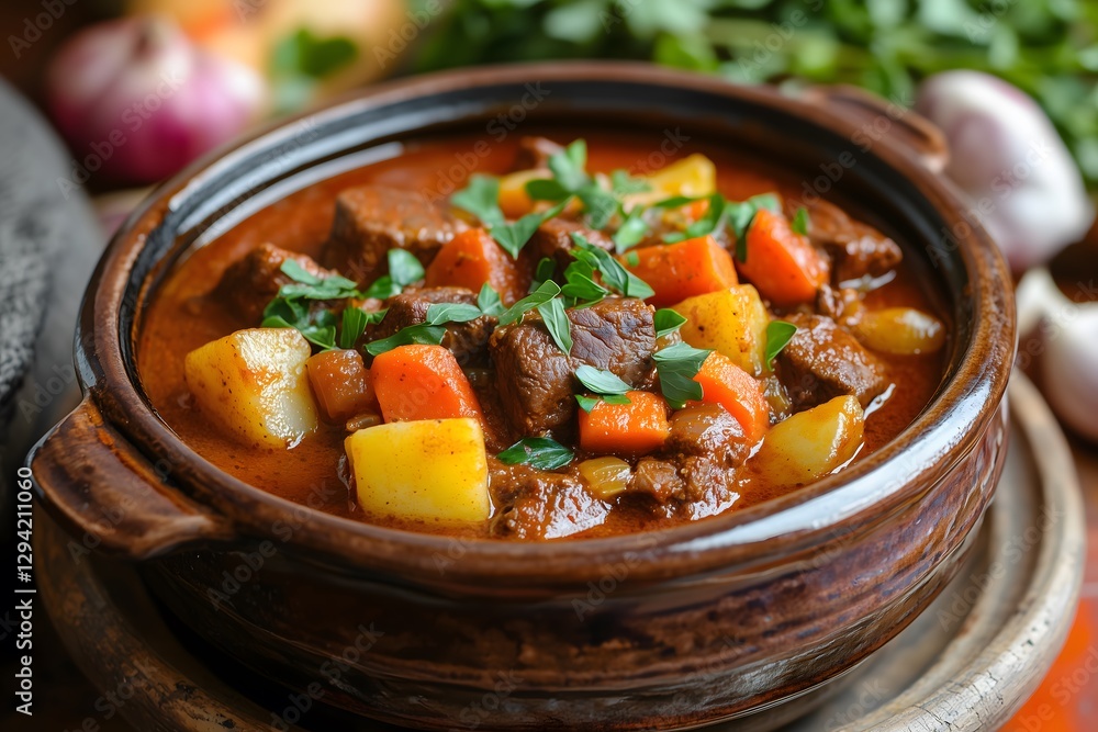 A traditional hungarian goulash served in a ceramic pot A traditional hungarian goulash served in a ceramic pot