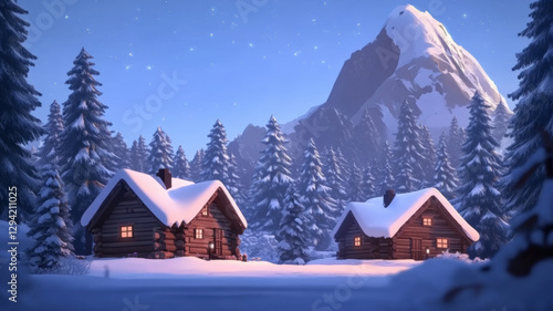 Cozy Snow Covered Cabins Nestled in Winter Mountain Wonderland Under Starry Sky