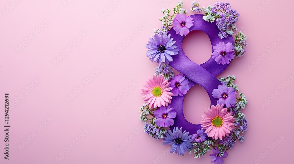 A lovely Women's Day visual with a purple ribbon - styled number 8 surrounded by an array of pink and purple flowers on a soft pink backdrop, symbolizing the charm of March 8th. A lovely Women's Day visual with a purple ribbon - styled number 8 surrounded by an array of pink and purple flowers on a soft pink backdrop, symbolizing the charm of March 8th.