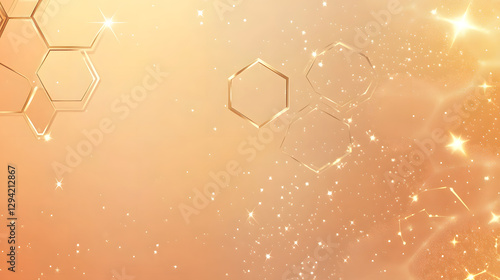 Background vector with hexagon shapes in a light peach color and golden lines
