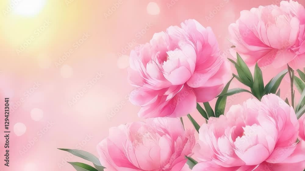 Blossoming pink peonies in soft sunlight with gentle breeze movement Blossoming pink peonies in soft sunlight with gentle breeze movement
