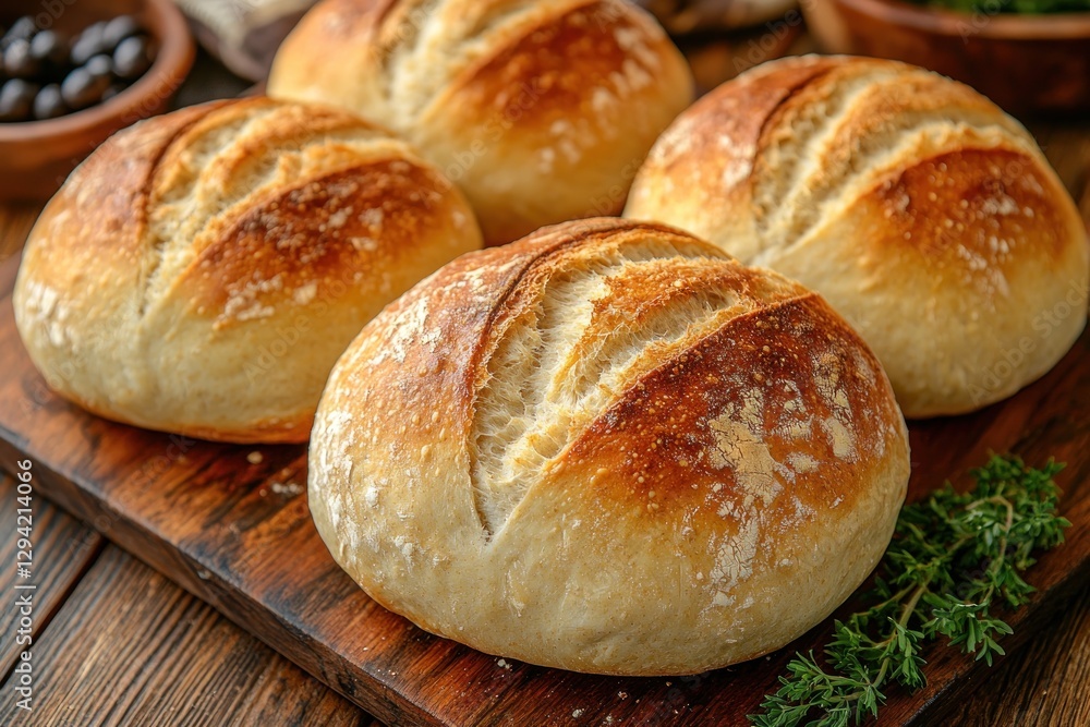 Rustic Bread Loaves Displayed on a Wooden Table Surrounded by Natural Elements in a Close-Up Perspective Rustic Bread Loaves Displayed on a Wooden Table Surrounded by Natural Elements in a Close-Up Perspective