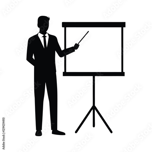Engaging dynamic presenter silhouette confidently gesturing toward a bright projection screen during major keynote