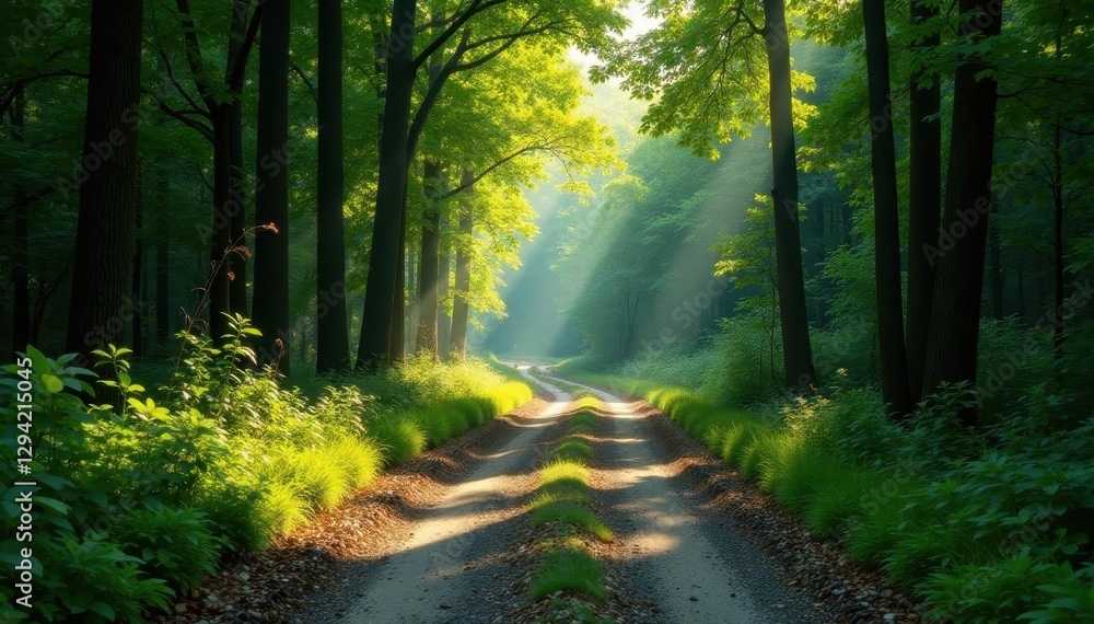 Obraz premium Narrow gravel road curves through dense forest, sunlight dappled , light, dirt, leaves