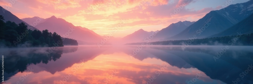 Fototapeta premium Misty dawn, tranquil lake mirroring distant peaks, wilderness, wild