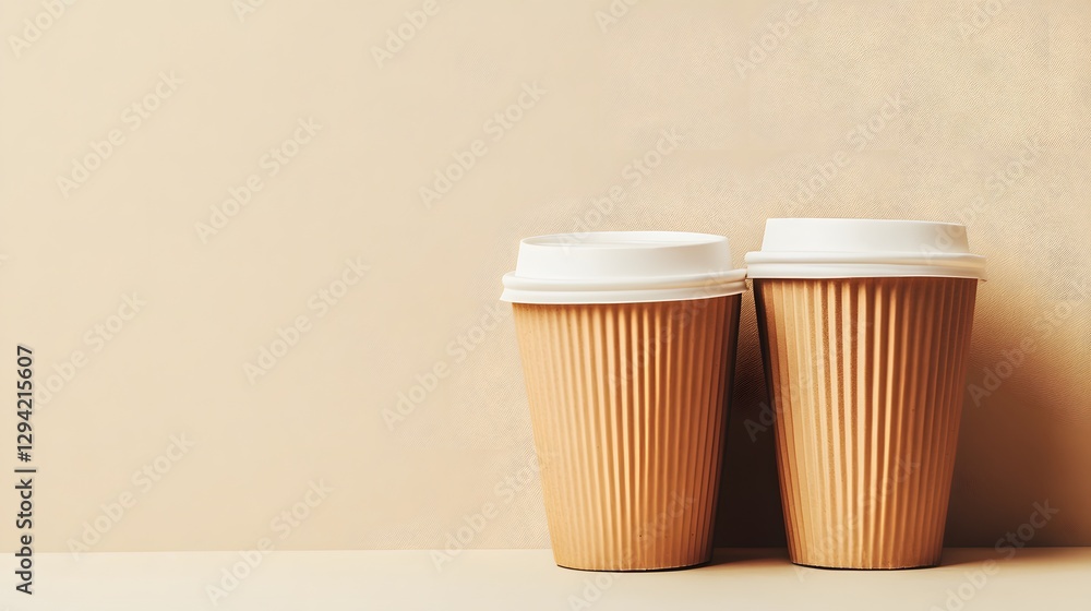 Two Cardboard Coffee Cups on Beige Background Minimalist Mockup Two Cardboard Coffee Cups on Beige Background Minimalist Mockup