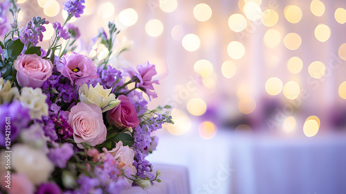 A close-up shot of the floral arrangements on display at an elegant purple wedding ceremony decor