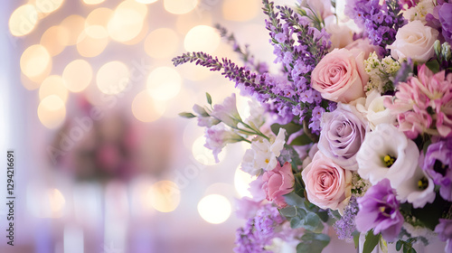 A close-up shot of the floral arrangements on display at an elegant purple wedding ceremony decor