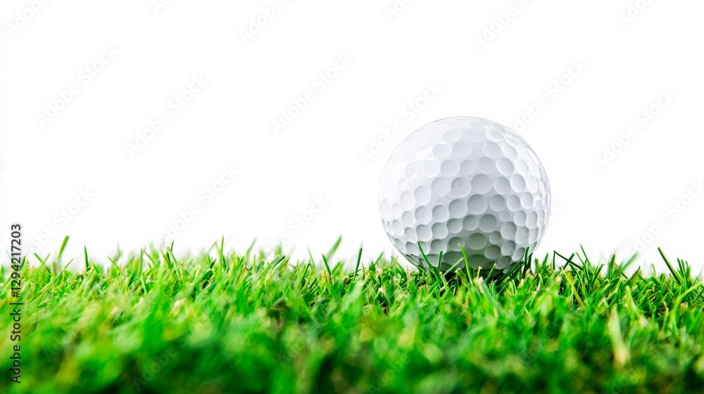 A pristine white golf ball rests on vibrant green grass against a clean white backdrop creating a perfect image for golf enthusiasts. A pristine white golf ball rests on vibrant green grass against a clean white backdrop creating a perfect image for golf enthusiasts.