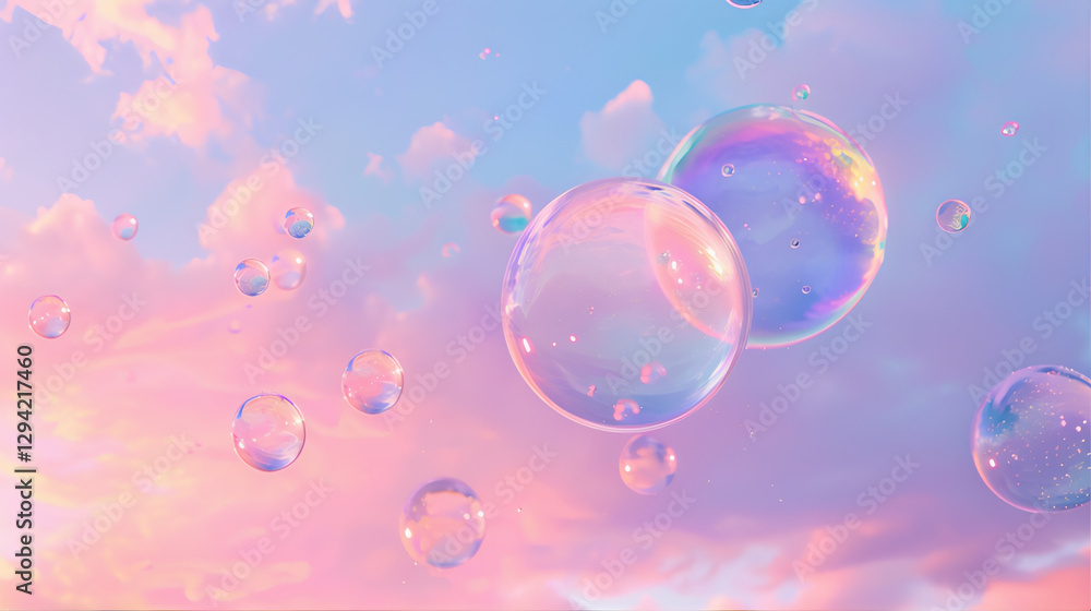 Soap bubbles in the pastel sky. Bubbles floating in the clouds, sky silhouette. Soap bubbles in the air design illustration. Soap bubbles in the pastel sky. Bubbles floating in the clouds, sky silhouette. Soap bubbles in the air design illustration.