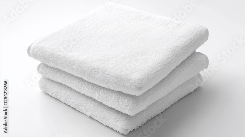 Stack of three fluffy white bath towels on white background.
