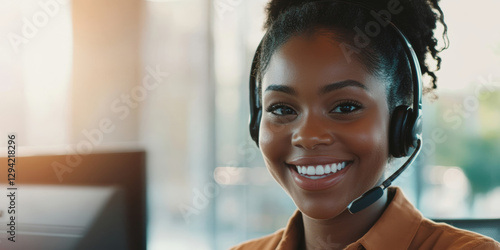 Smiling Customer Service Representative Wearing Headset in Bright Office photo