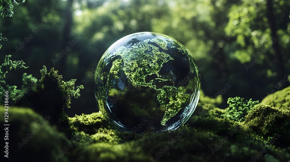 A transparent glass sphere containing a thriving tree and fresh green leaves sits on a lush, mossy surface, symbolizing environmental protection, sustainability, the balance of nature, renewable ene A transparent glass sphere containing a thriving tree and fresh green leaves sits on a lush, mossy surface, symbolizing environmental protection, sustainability, the balance of nature, renewable ene