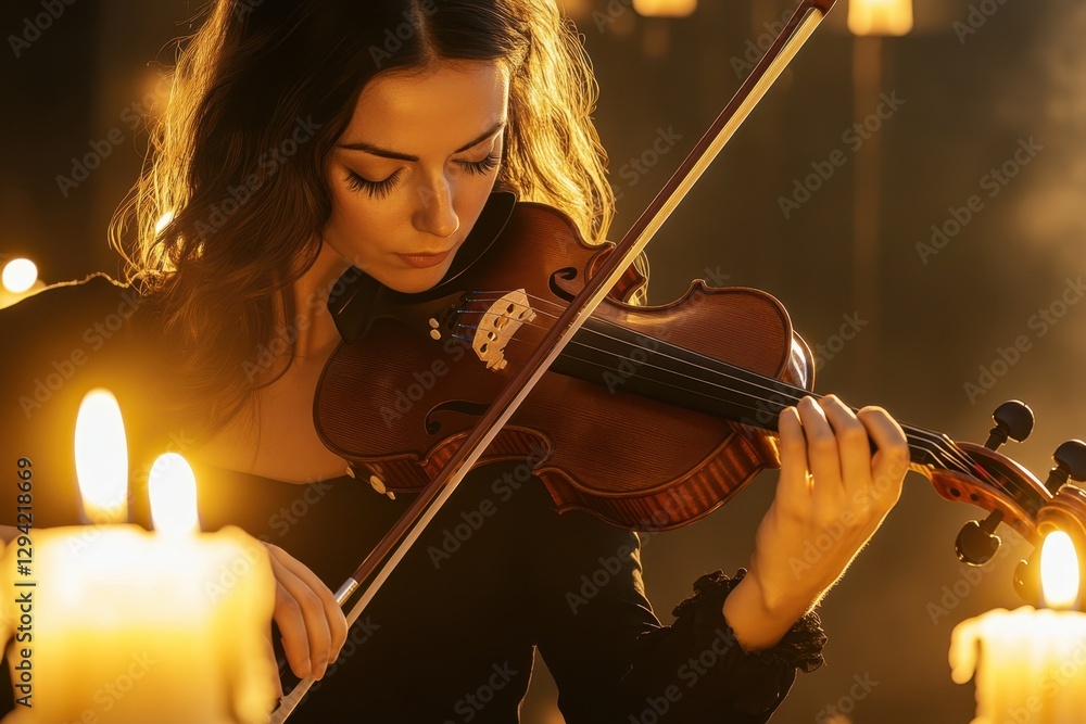 Fototapeta premium Woman playing violin in a candlelit setting during an intimate evening gathering