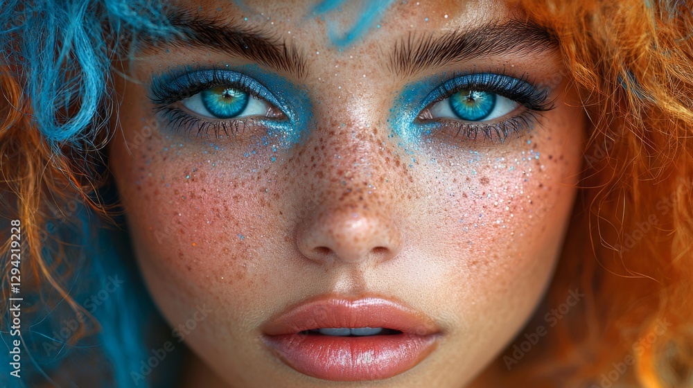 Fototapeta premium Portrait of a person with vibrant, unique hair and makeup, bold and expressive style, diverse beauty, stock photo