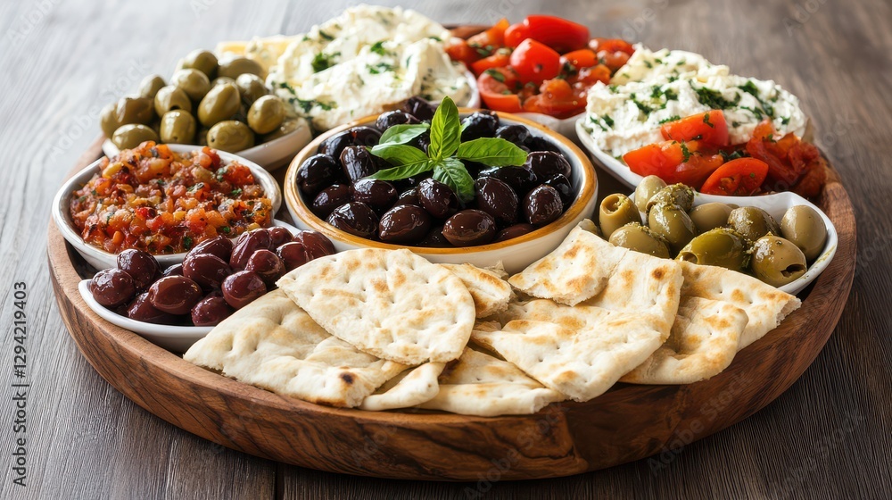 Flat lay of Mediterranean meze platter with olives Flat lay of Mediterranean meze platter with olives