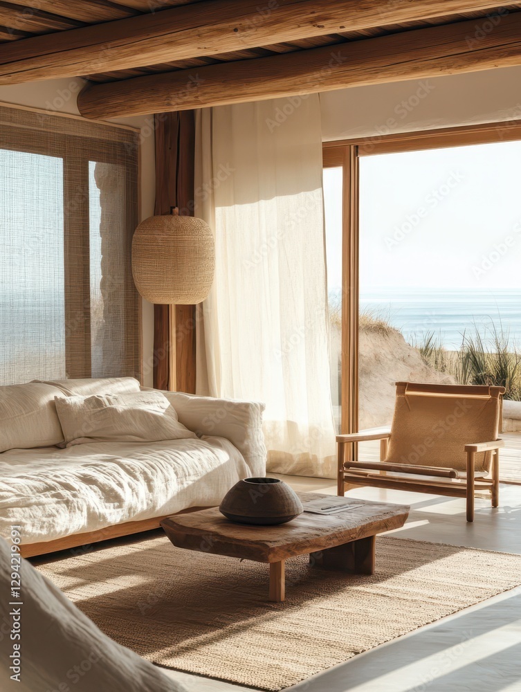 Fototapeta premium A minimalist coastal apartment featuring an open living space