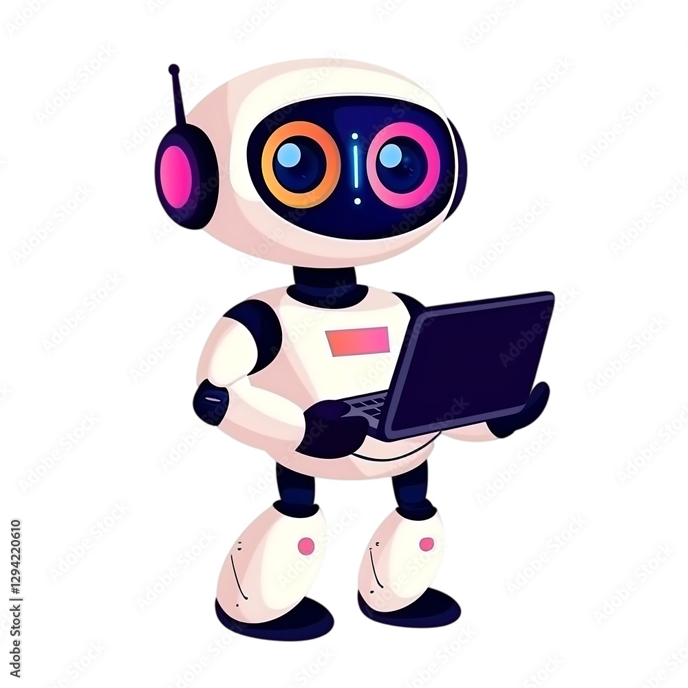 Cute robot working on laptop ,transparent background Cute robot working on laptop ,transparent background