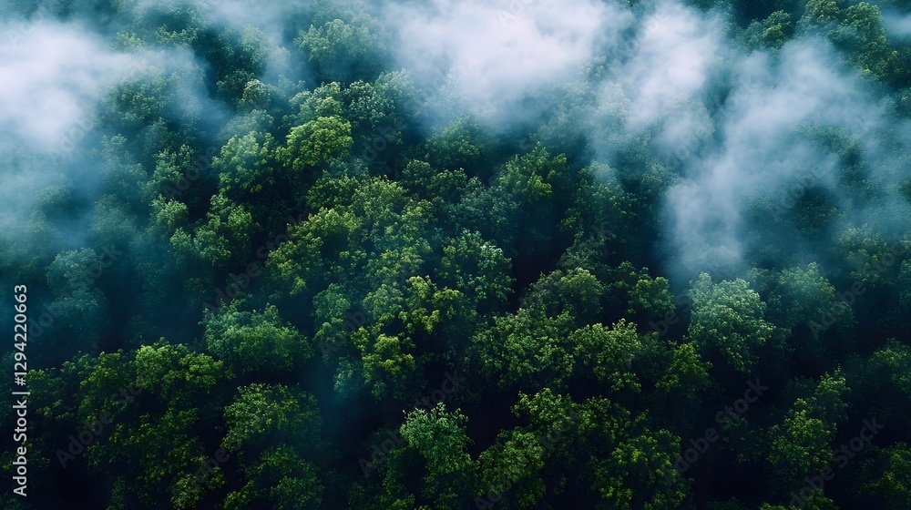 A breathtaking aerial view of a dense green forest covered in mist, creating a serene and mysterious atmosphere. Concept of Nature, wilderness, rainforest, misty landscape, environmental beauty. A breathtaking aerial view of a dense green forest covered in mist, creating a serene and mysterious atmosphere. Concept of Nature, wilderness, rainforest, misty landscape, environmental beauty.