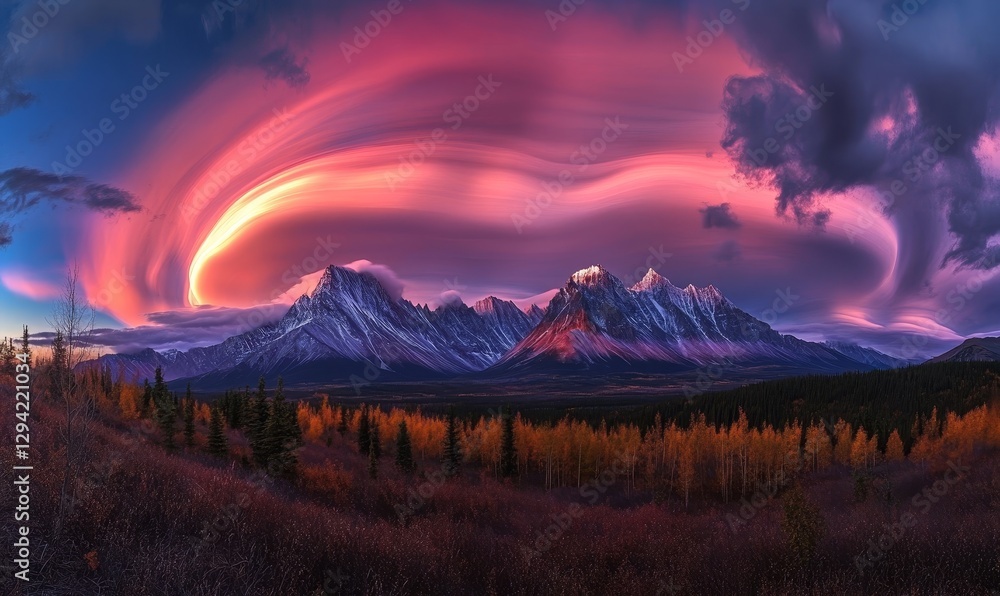 Obraz premium Pink sky envelopes mountains, autumn landscape below.