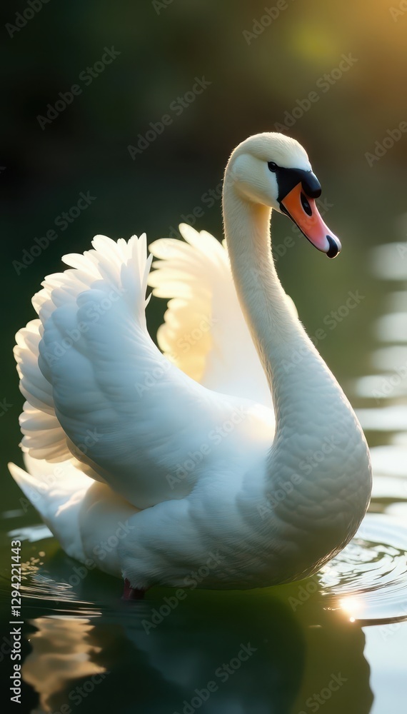 Fototapeta premium A pristine swan in gentle sunlight, wings fully extended , golden light, fauna, waterfowl