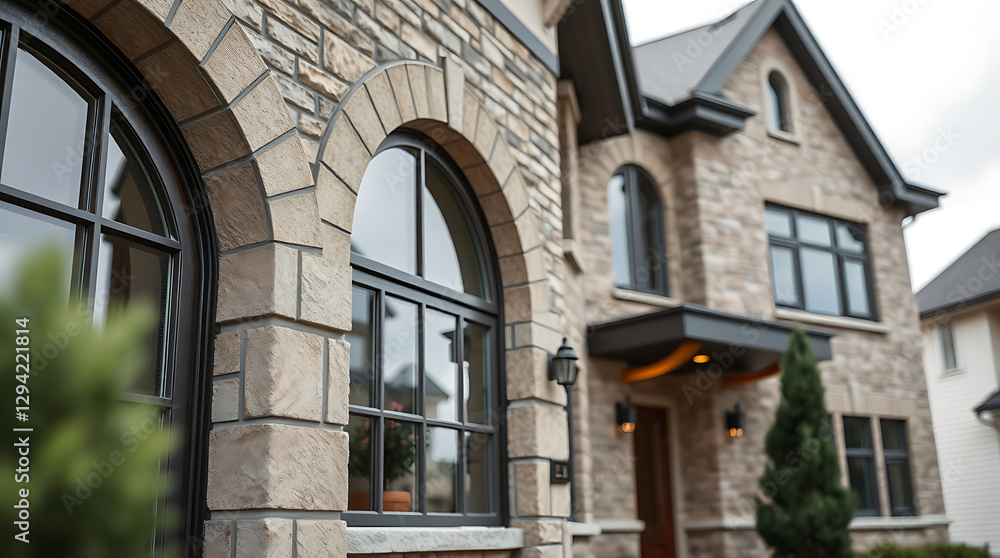 Elegant Stone House with Classic Arch Windows.Luxury Home Exterior, Modern Architecture, Real Estate Elegant Stone House with Classic Arch Windows.Luxury Home Exterior, Modern Architecture, Real Estate