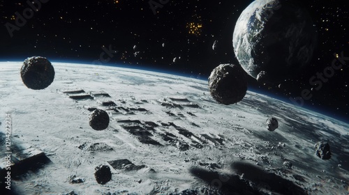 Celestial landscape showcasing asteroids surrounding a textured lunar surface with distant Earth visible in the cosmic expanse photo