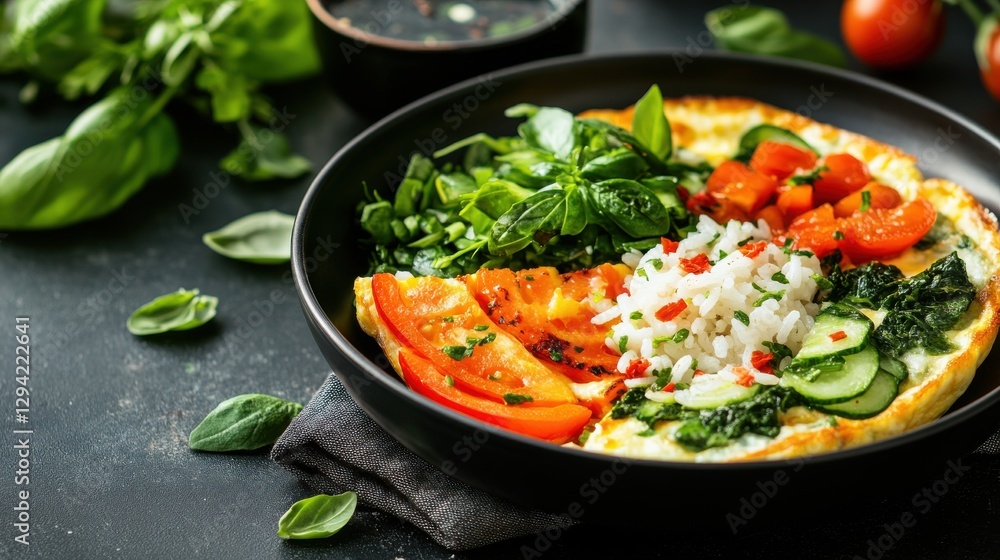 Delicious frittata with rice and fresh vegetables flat lay for culinary inspiration. Delicious frittata with rice and fresh vegetables flat lay for culinary inspiration.