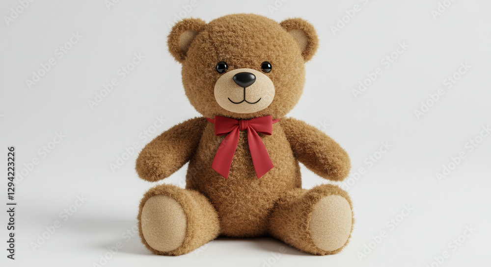 Obraz premium A teddy bear with a red bow around its neck. The bear is sitting on a black background