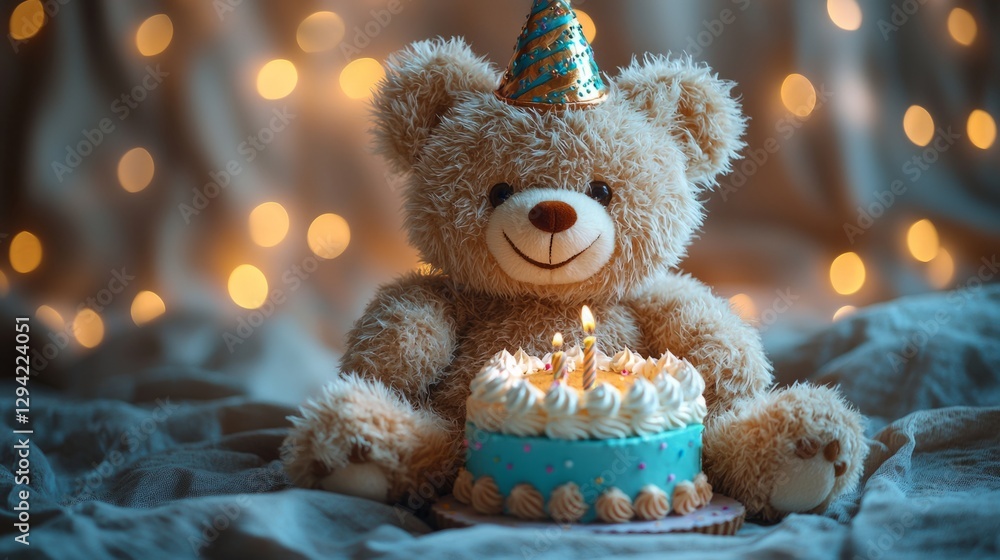 custom made wallpaper toronto digitalSmiling teddy bear with a festive birthday cake and hat
