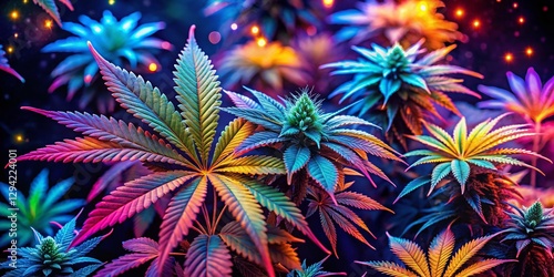 Wallpaper Mural Multicolored Neon Glowing Cannabis Leaves & Flowers - Dark Background Stock Photo Torontodigital.ca
