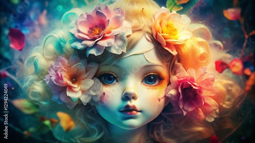 Dreamlike Double Exposure: Porcelain Doll Face and Blooming Flowers