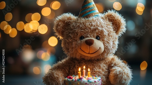 Wallpaper Mural Smiling teddy bear with a festive birthday cake and hat Torontodigital.ca