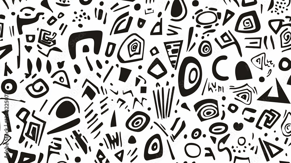 Abstract black and white geometric pattern with various shapes and symbols. Abstract black and white geometric pattern with various shapes and symbols.
