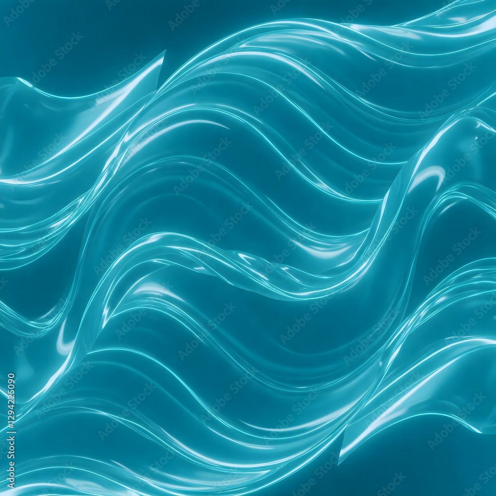 Fototapeta premium A futuristic holographic background with glowing cyan waves shifting in a prism effect. The waves have pearlescent reflections, ultra-realistic light distortions, and crystal-clear details. The atmosp
