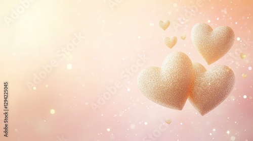 A serene and elegant scene featuring intertwined golden hearts with soft sparkling glitter, floating over a muted pastel gradient of light pink and peach