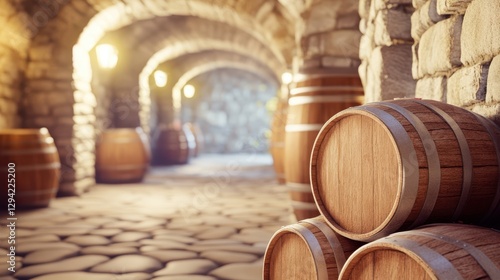 Oak Barrel Cellar: A row of oak barrels rests against the cool, damp walls of a rustic cellar, sunlight filtering through a high archway above. photo