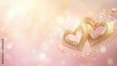 A serene and elegant scene featuring intertwined golden hearts with soft sparkling glitter, floating over a muted pastel gradient of light pink and peach