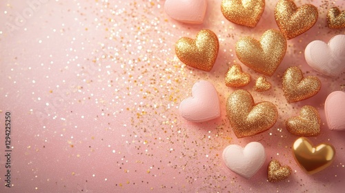 An elegant arrangement of golden hearts intertwined with gentle sparkling glitter over a soft, muted pastel gradient of light pink and peach.