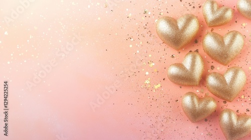An elegant arrangement of golden hearts intertwined with gentle sparkling glitter over a soft, muted pastel gradient of light pink and peach.