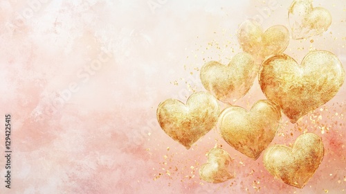 An elegant arrangement of golden hearts intertwined with gentle sparkling glitter over a soft, muted pastel gradient of light pink and peach.