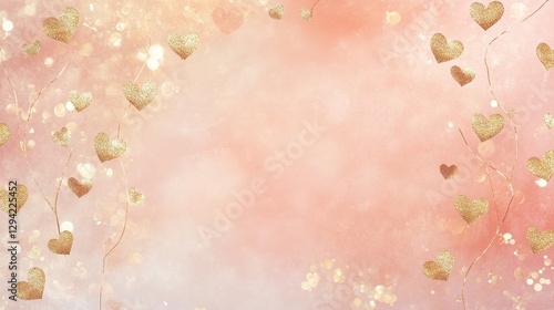 An elegant arrangement of golden hearts intertwined with gentle sparkling glitter over a soft, muted pastel gradient of light pink and peach.