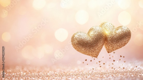 Beautiful golden hearts elegantly intertwined with sparkling glitter, floating against a gentle gradient of light pink and soft peach. 